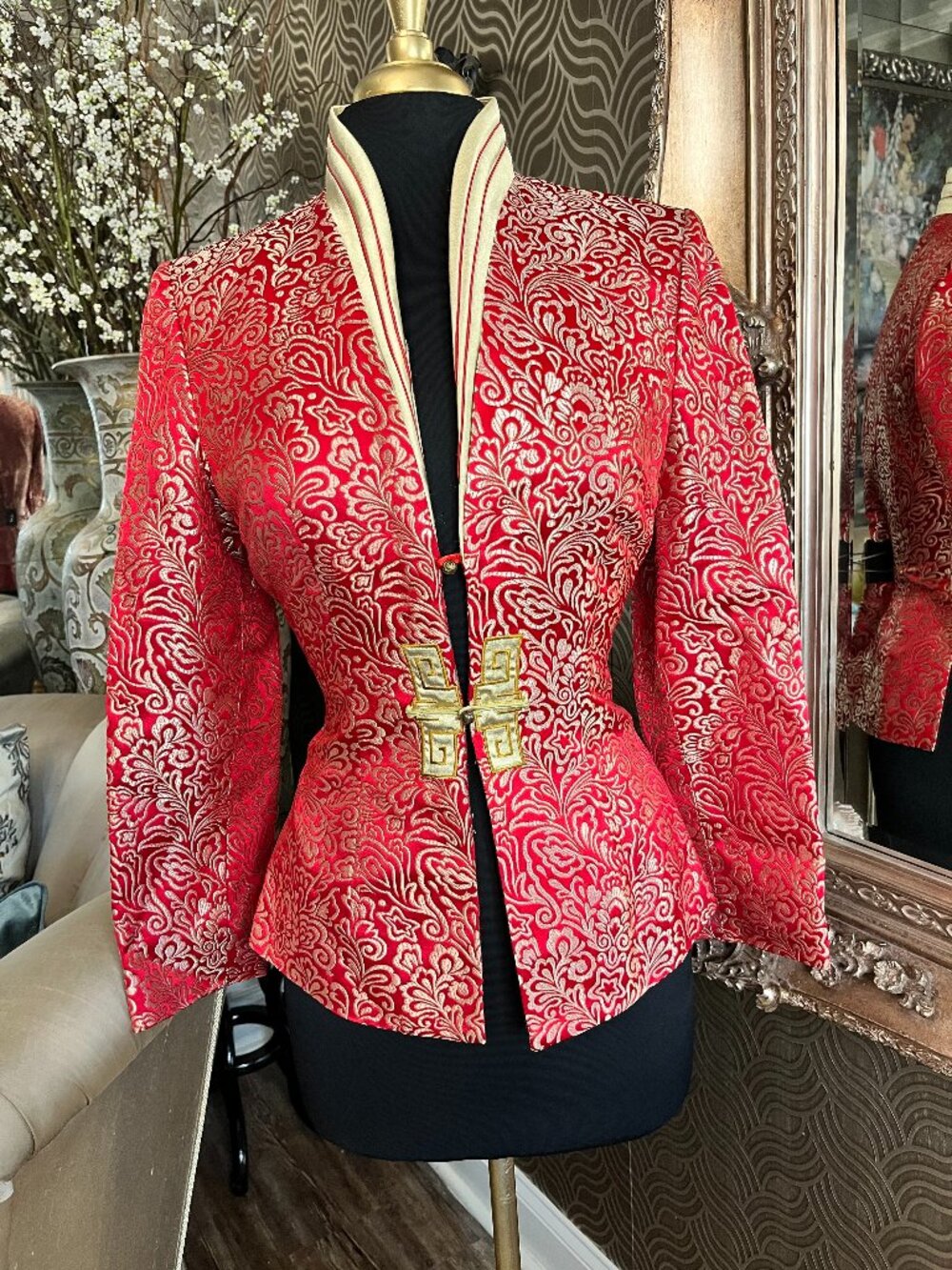 vintage Chinese vibrant brocade floral pattern and structured frog closures jack